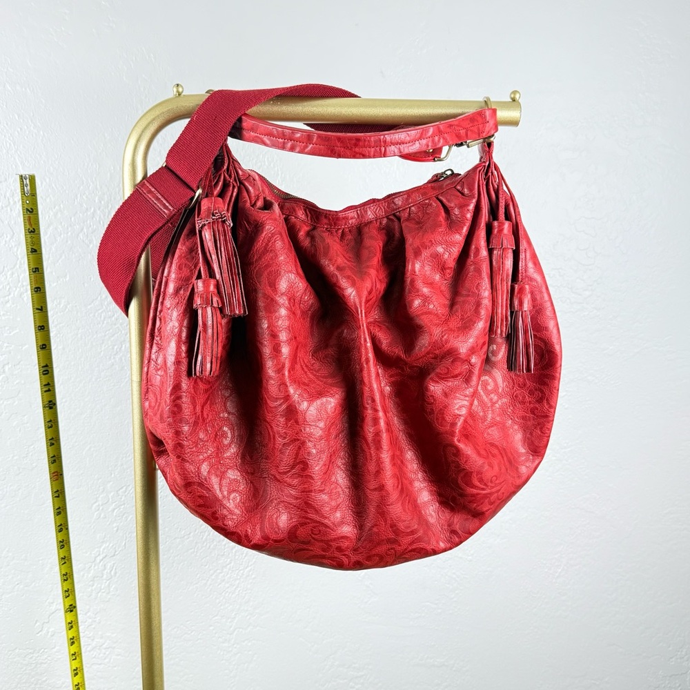 SABINA NEW YORK Red Embossed Leather Hobo Bag Tassels Vintage